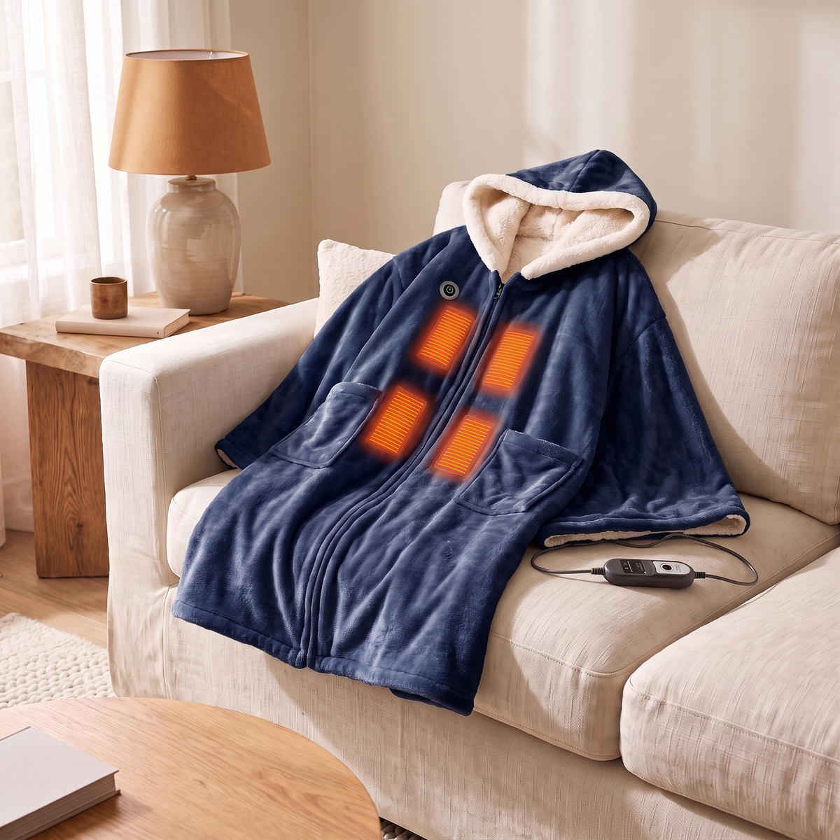Wearable Heated Flannel Throw Blanket in Dark Blue