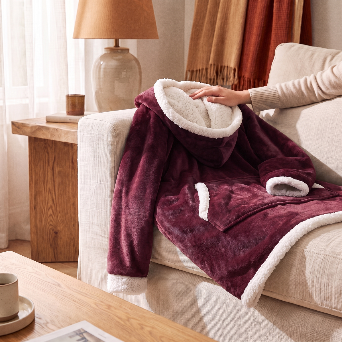 Sherpa Fleece Blanket Hoodie in Burgundy