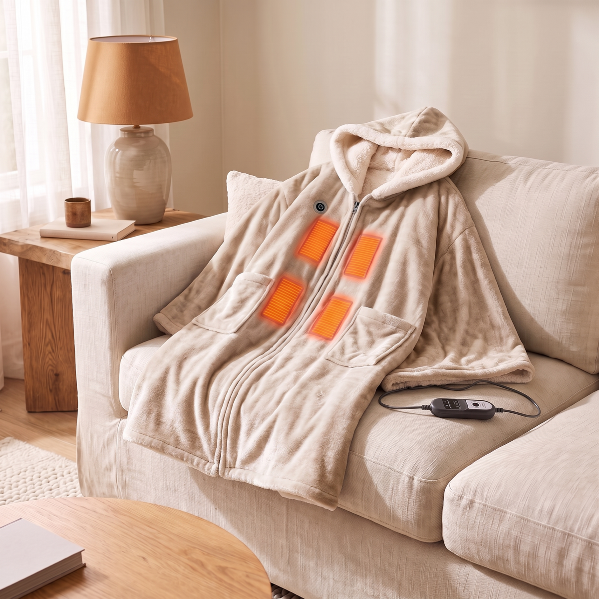 Wearable Heated Flannel Throw Blanket in Beige