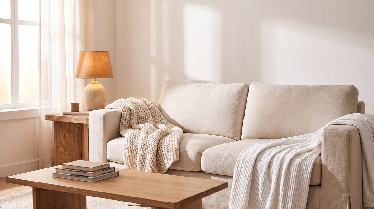 Hollow Pine Home living room with throws on the sofa
