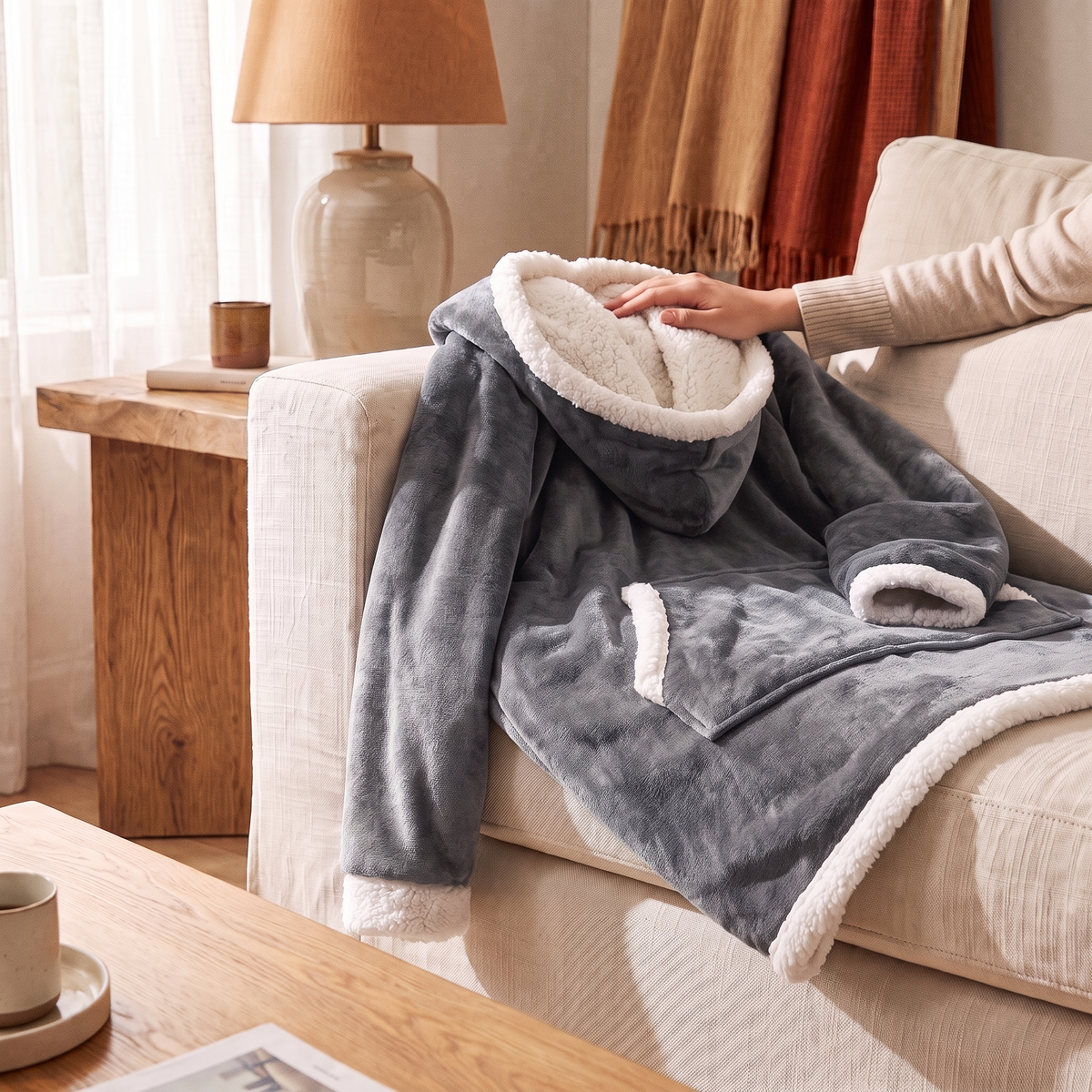 Sherpa Fleece Blanket Hoodie in Grey