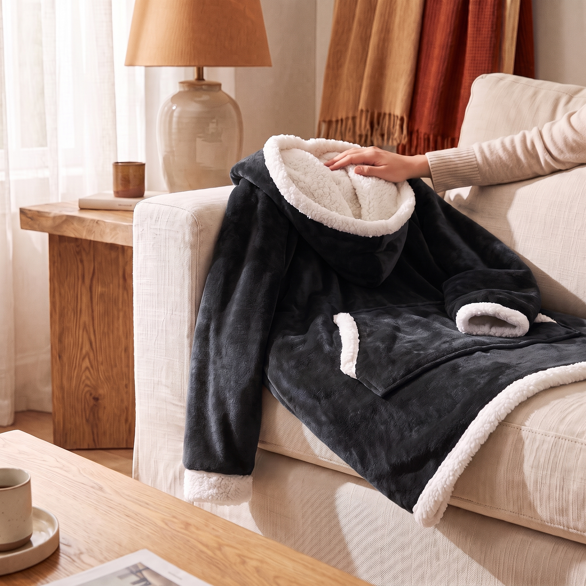 Sherpa Fleece Blanket Hoodie in Black