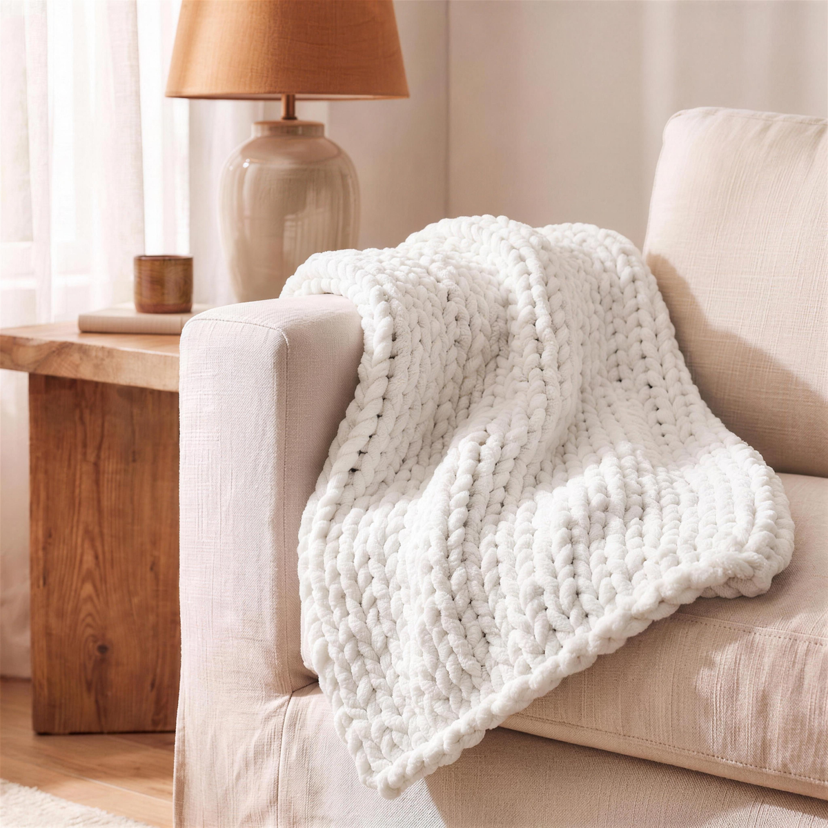 chunky knit chenille throw blanket in the Hollow Pine house