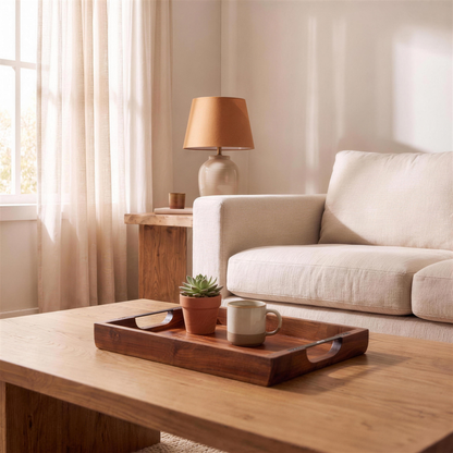 acacia wood serving tray 17x12 in the Hollow Pine house