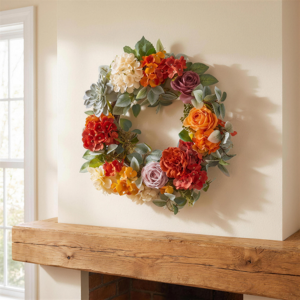 hydrangea and rose fall wreath in the Hollow Pine house
