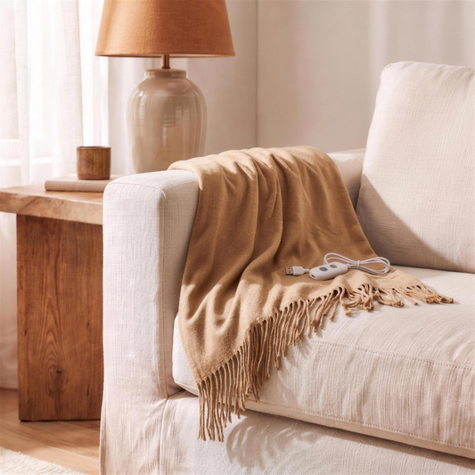 usb heated shawl with tassels 77x24 in the Hollow Pine house