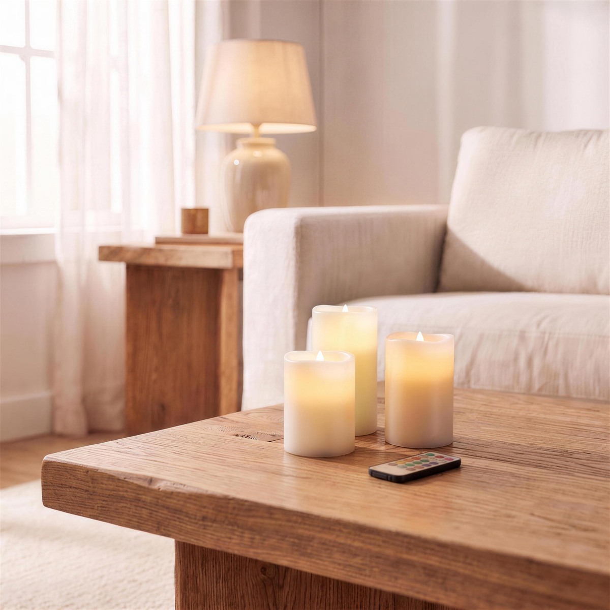 flameless votive candles with remote in the Hollow Pine house