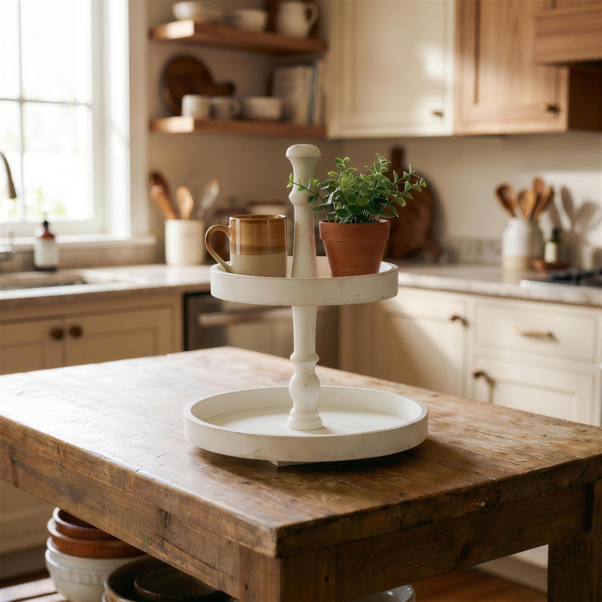 two tiered round wooden tray white in the Hollow Pine house