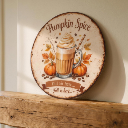 Pumpkin spice latte tin sign on an oak mantel in the Hollow Pine house