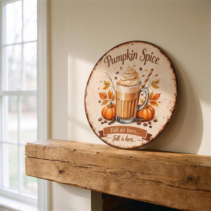 vintage pumpkin spice latte tin sign in the Hollow Pine house