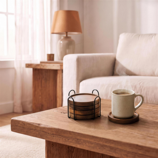wooden drink coasters with holder in the Hollow Pine house