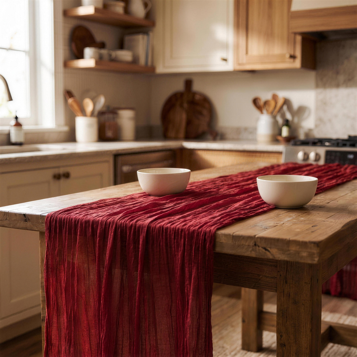 red boho cheesecloth table runner in the Hollow Pine house