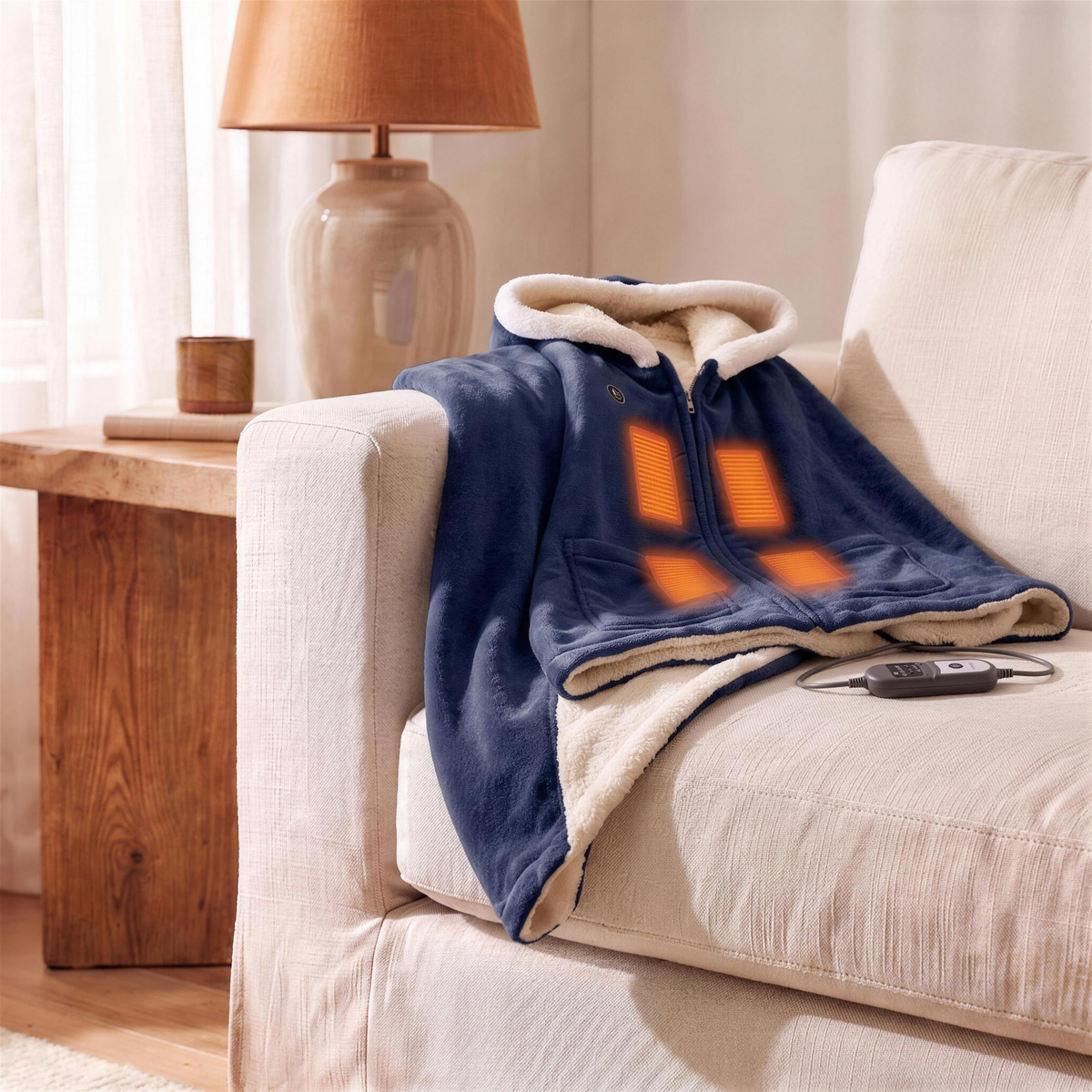wearable heated flannel throw in deep navy blue flannel in the Hollow Pine house