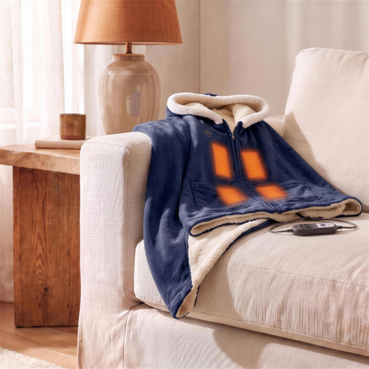 wearable heated flannel throw in deep navy blue flannel in the Hollow Pine house