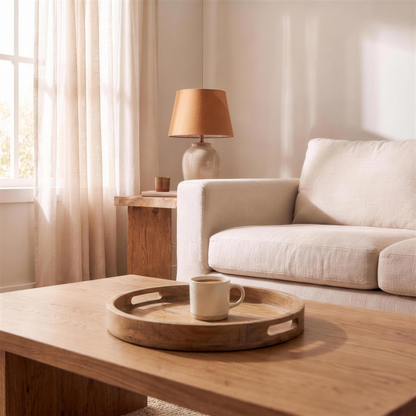 round mango wood serving tray in the Hollow Pine house