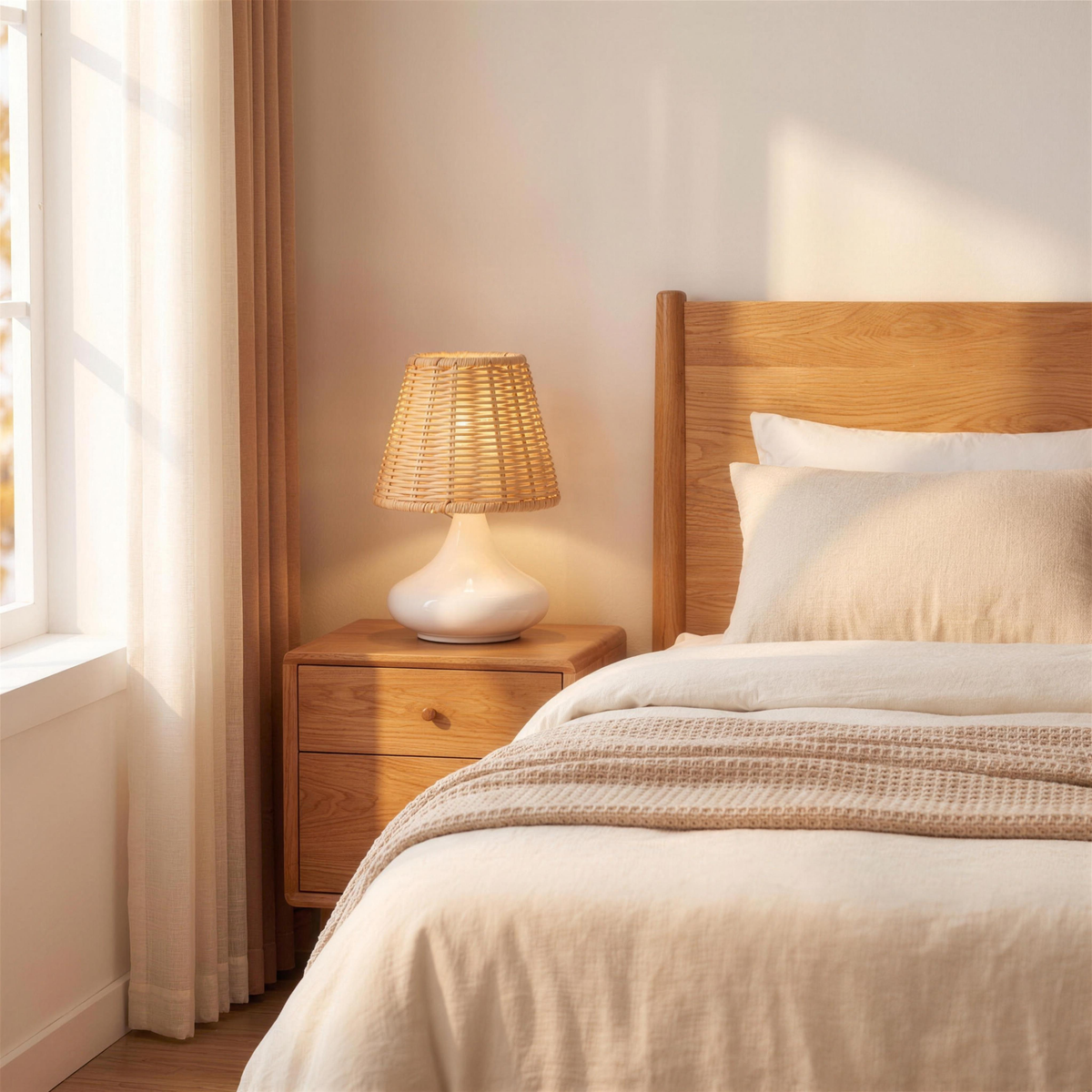 white woven bamboo table lamp in the Hollow Pine house