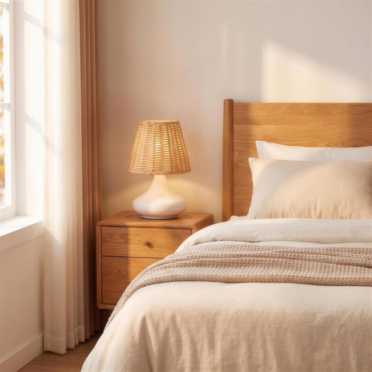 white woven bamboo table lamp in the Hollow Pine house