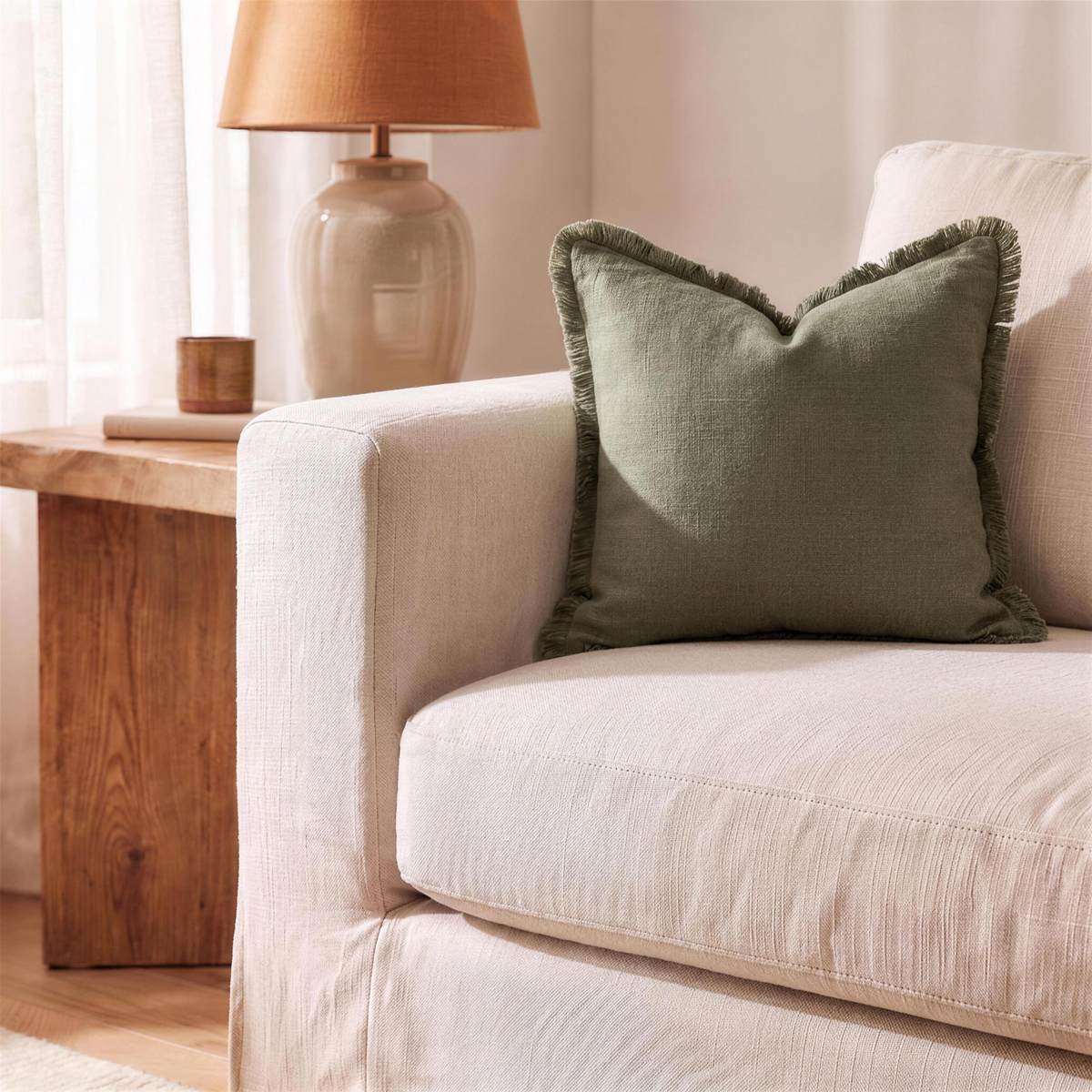 linen fringe pillow cover olive green in the Hollow Pine house