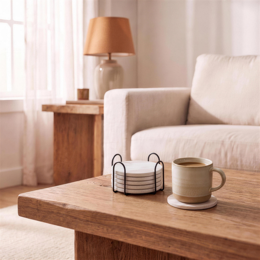 ceramic marble coasters with holder in the Hollow Pine house