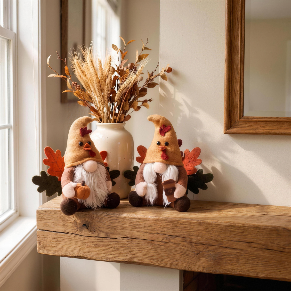 fall gnome plush decorations in the Hollow Pine house