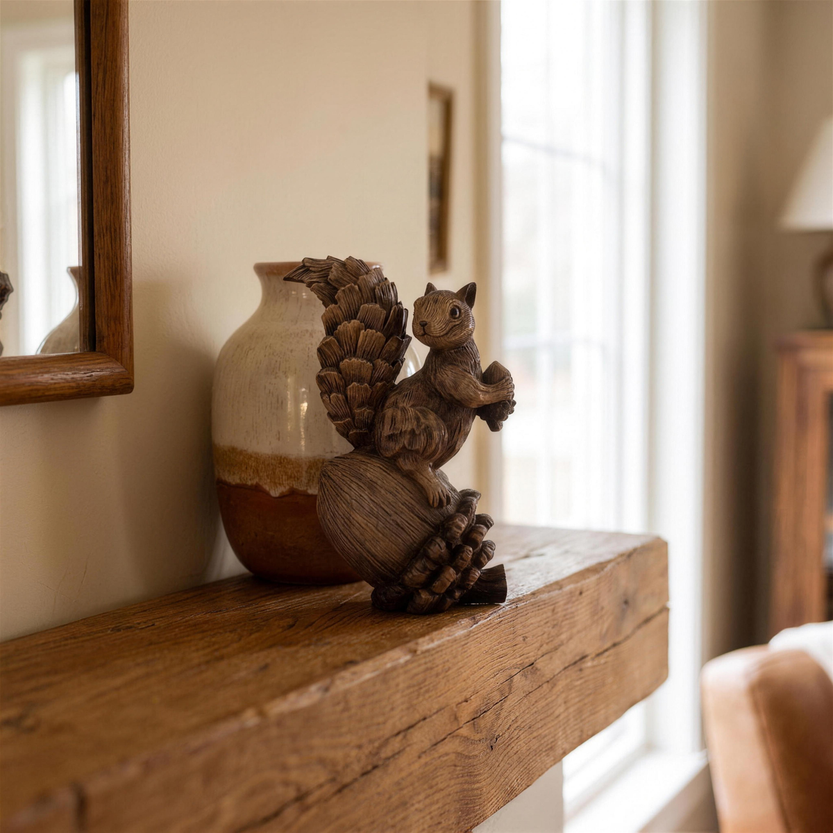 resin squirrel figurine on pinecone in the Hollow Pine house