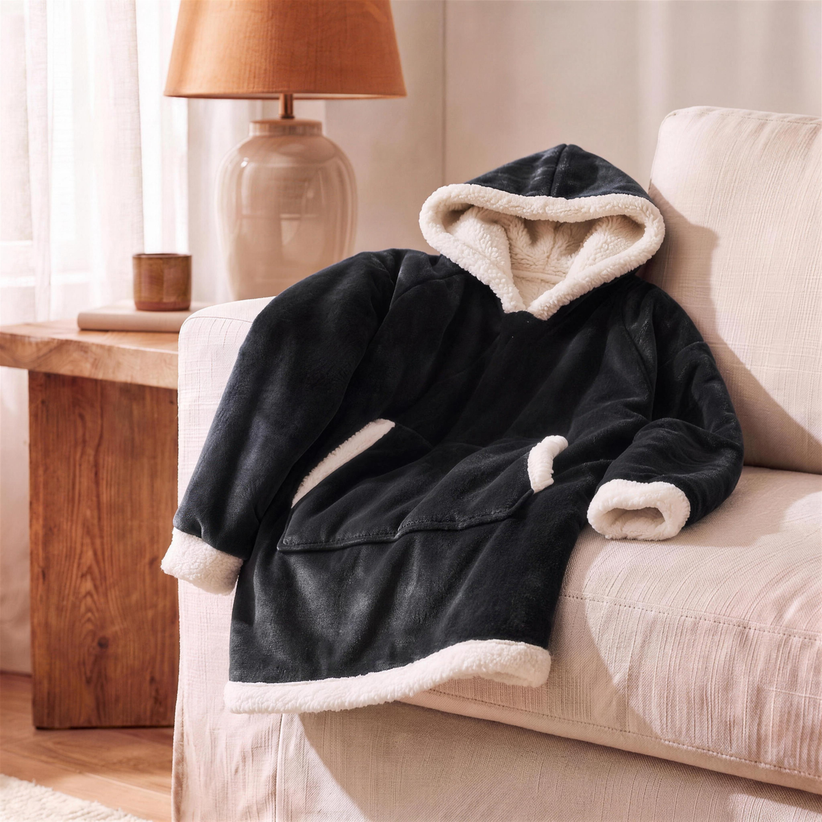 sherpa fleece blanket hoodie in matte black fleece in the Hollow Pine house