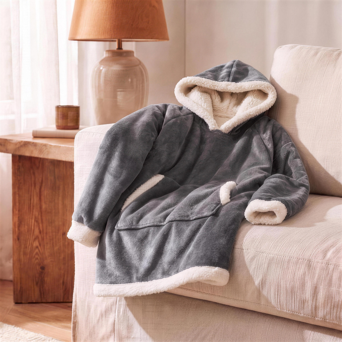 sherpa fleece blanket hoodie in medium heather grey fleece in the Hollow Pine house