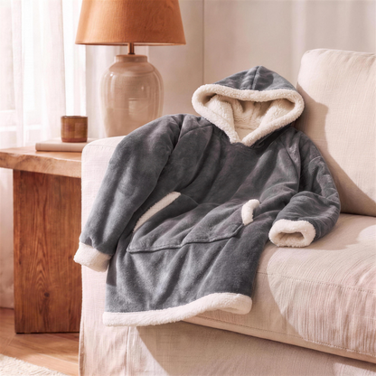 sherpa fleece blanket hoodie in medium heather grey fleece in the Hollow Pine house