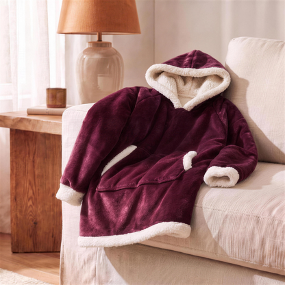 sherpa fleece blanket hoodie in deep burgundy wine red fleece in the Hollow Pine house