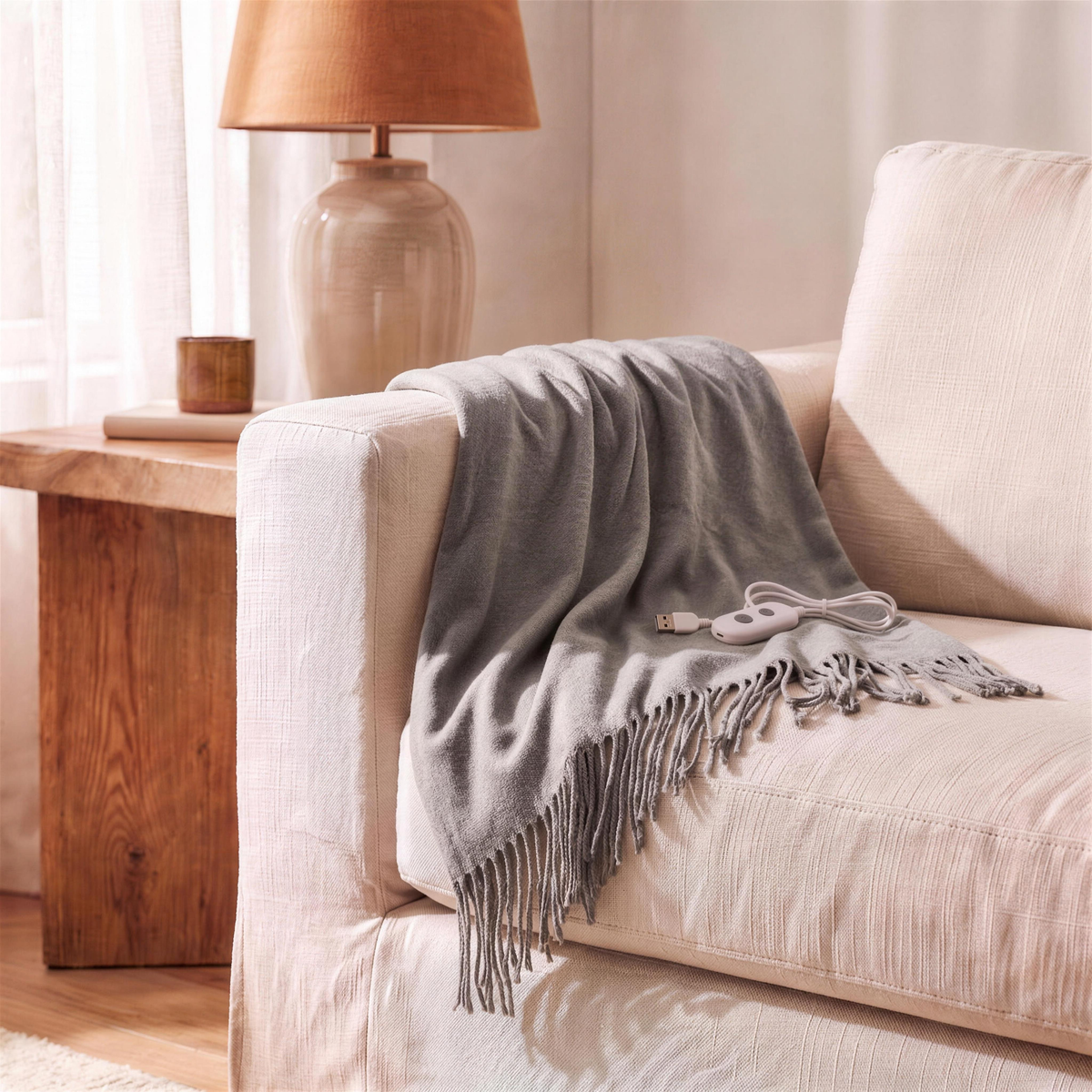 heated shawl with tassels in medium heather grey in the Hollow Pine house