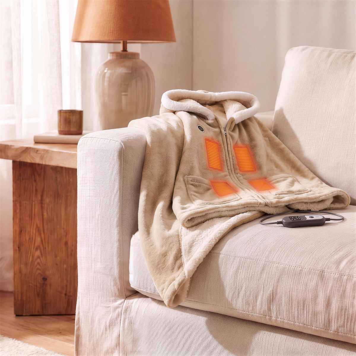 wearable heated flannel throw in warm oatmeal beige flannel in the Hollow Pine house