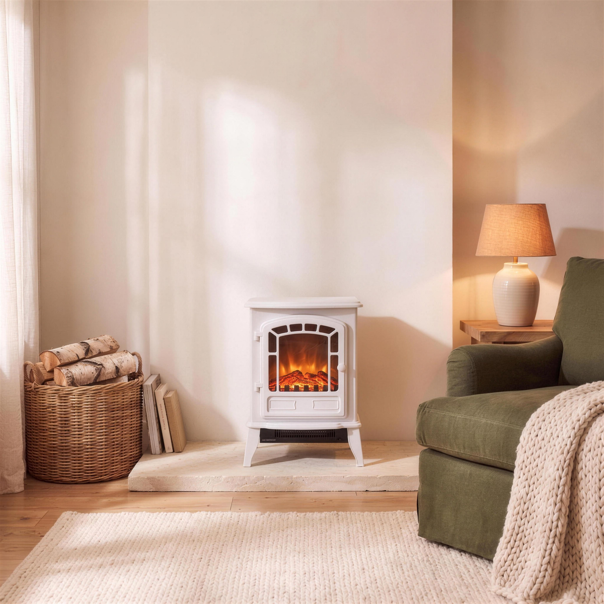 electric fireplace heater white on the hearth in the Hollow Pine house