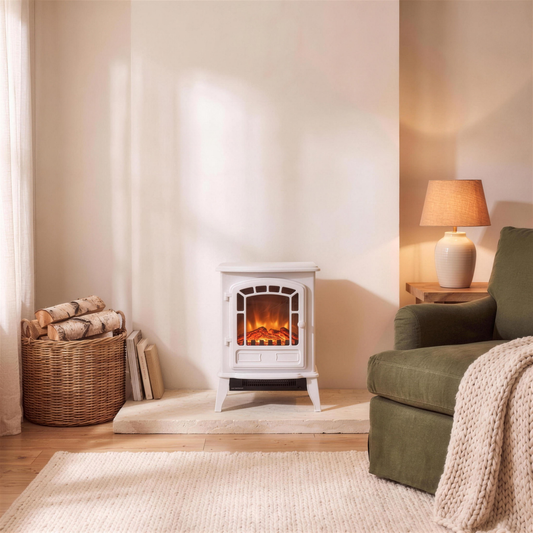 electric fireplace heater white on the hearth in the Hollow Pine house