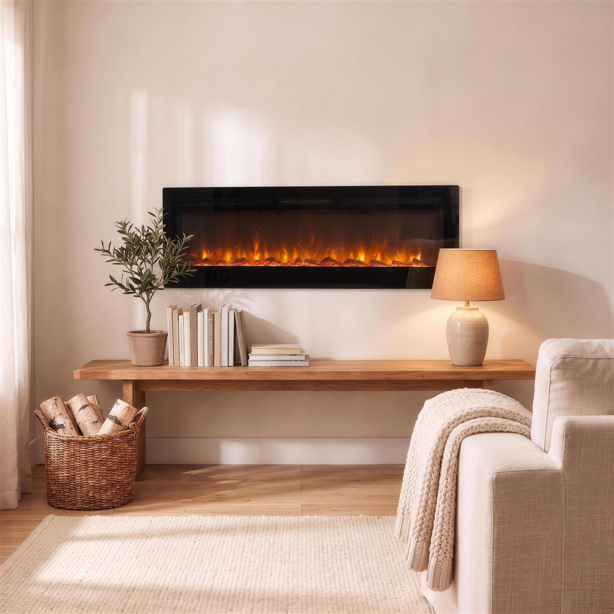 electric fireplace heater with remote mounted above the console in the Hollow Pine house