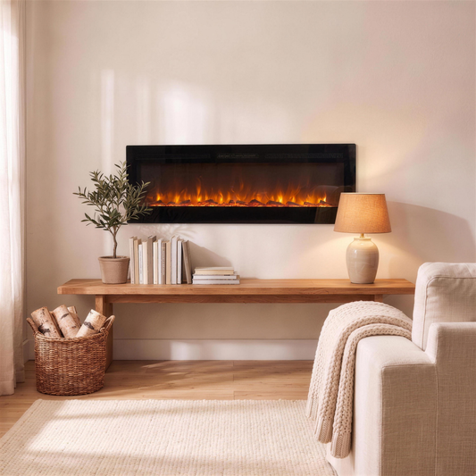 electric fireplace heater with remote mounted above the console in the Hollow Pine house