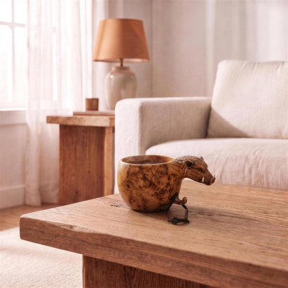 Hand Carved Kuksa Wooden Mug in Wild Boar in the Hollow Pine house