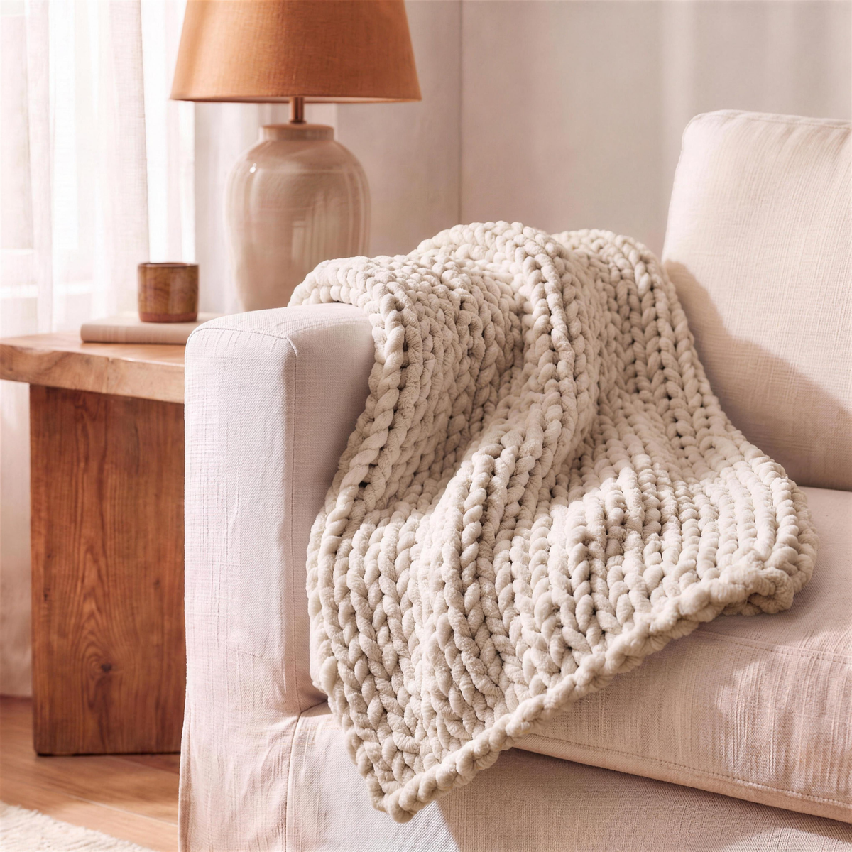 Chunky Knit Chenille Throw Blanket in Linen Beige in the Hollow Pine house