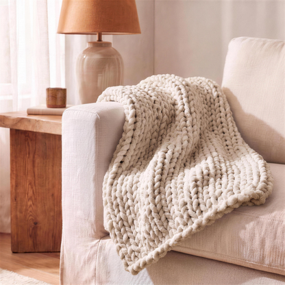 Chunky Knit Chenille Throw Blanket in Linen Beige in the Hollow Pine house