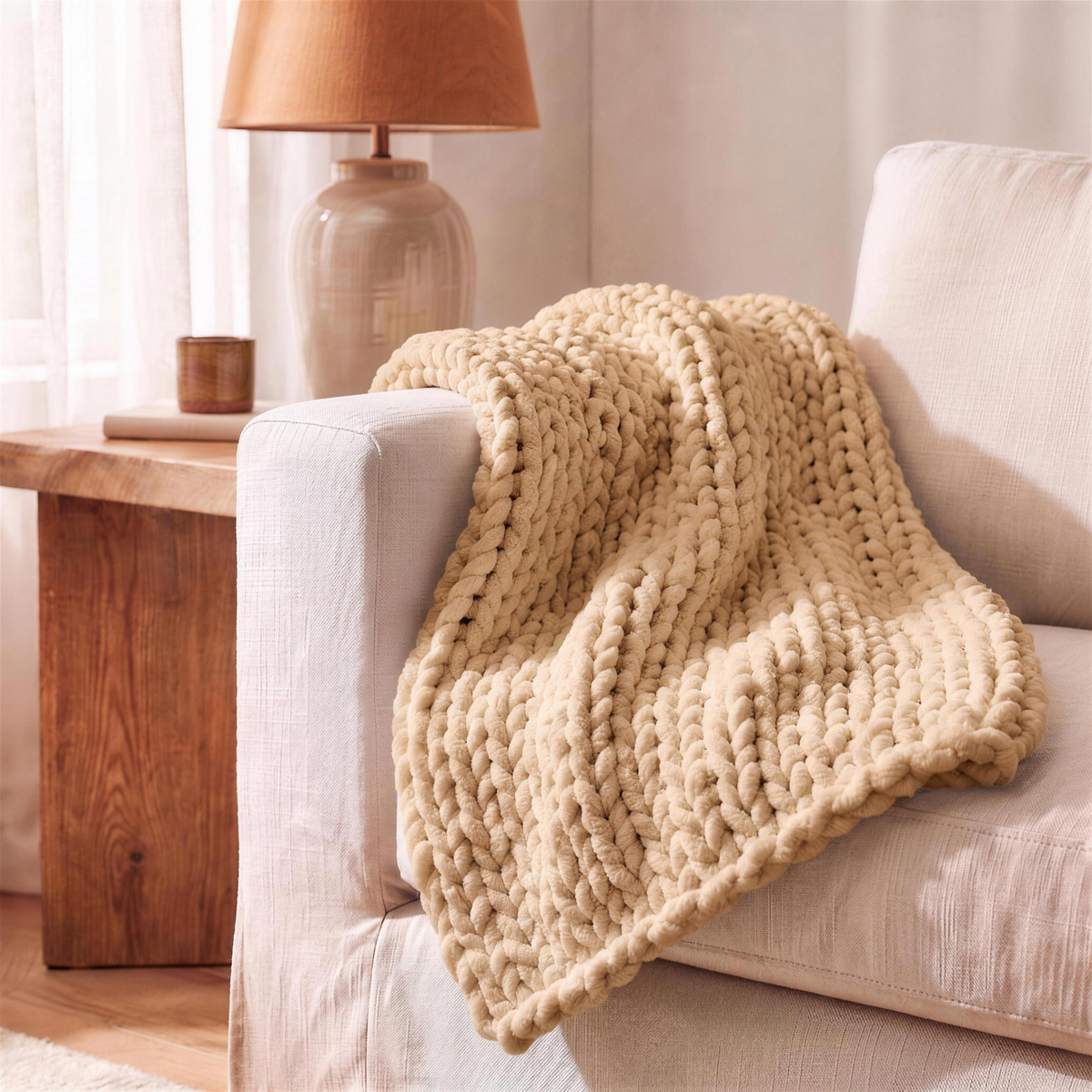Chunky Knit Chenille Throw Blanket in Camel in the Hollow Pine house