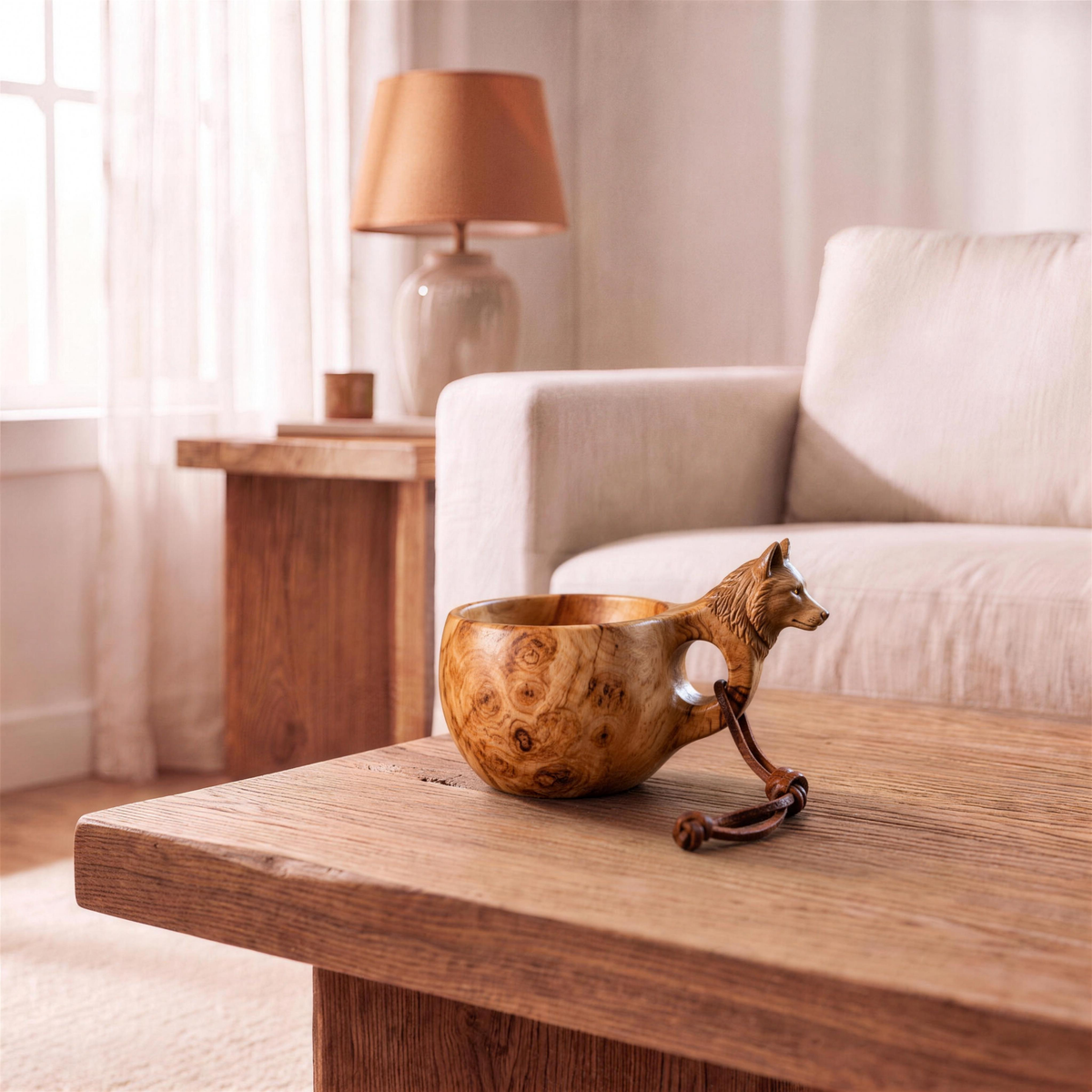 Hand Carved Kuksa Wooden Mug in Wolf in the Hollow Pine house