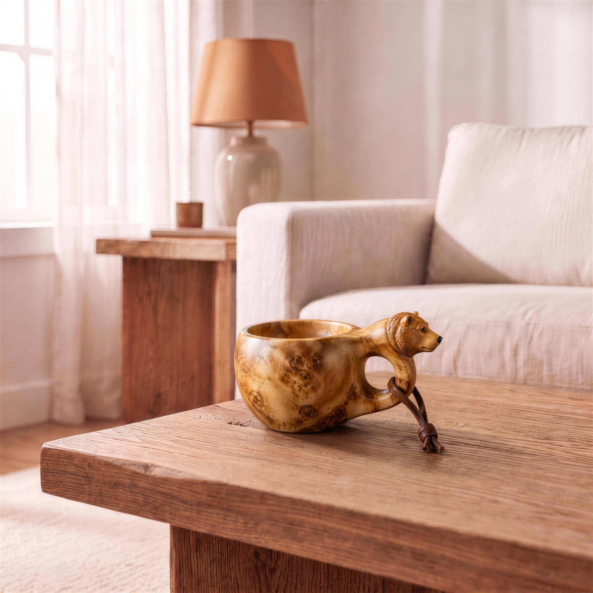 Hand Carved Kuksa Wooden Mug in Bear in the Hollow Pine house