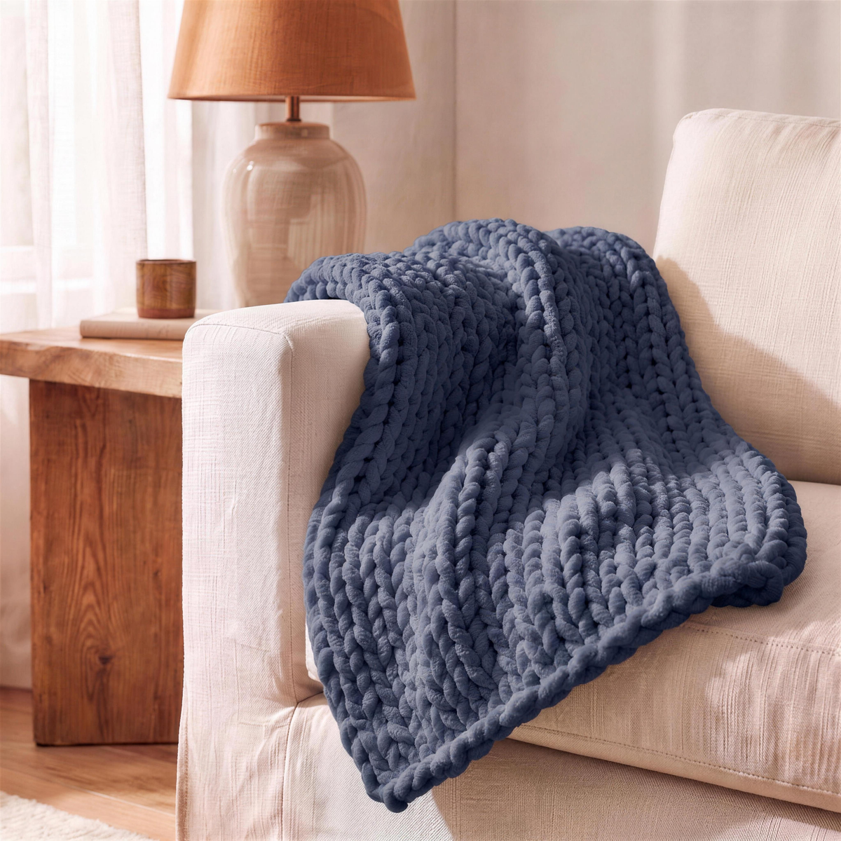 Chunky Knit Chenille Throw Blanket in Navy in the Hollow Pine house