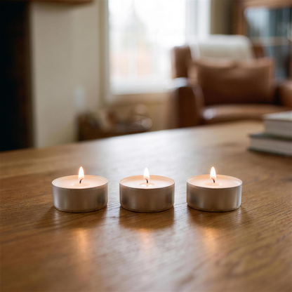 Three lit unscented tea light candles on an oak coffee table