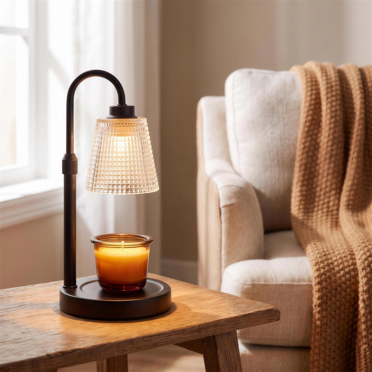 Black candle warmer lamp switched on, warming an amber jar candle on a side table