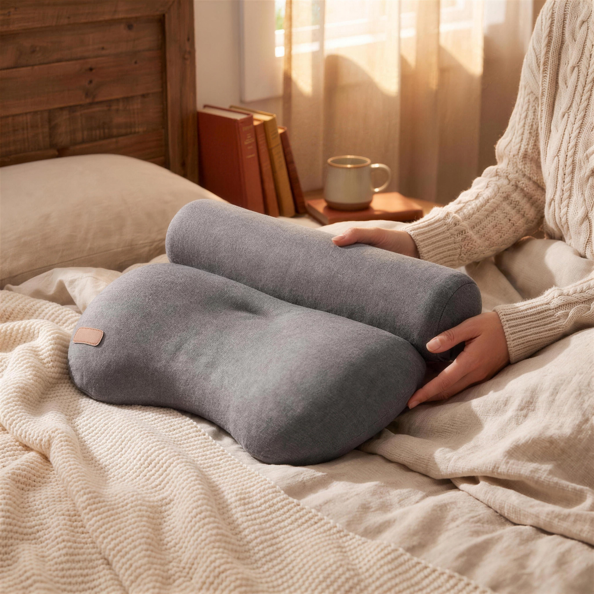Grey USB heated memory foam neck pillow with neck roll on a bed