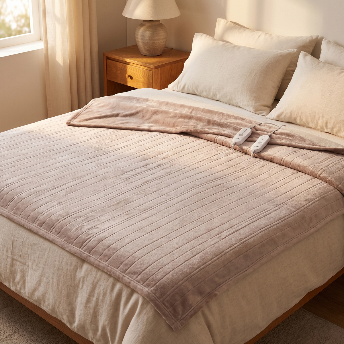 King flannel heated blanket in beige with two white controllers on a made bed