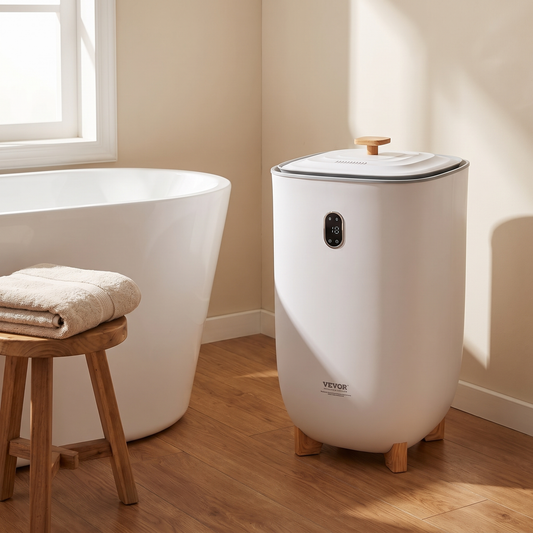 White 35L towel warmer bucket with gray-rimmed lid and wooden legs in a bathroom corner