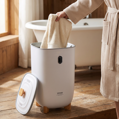 Lifting a warm towel out of the 35L towel warmer bucket beside the bathtub