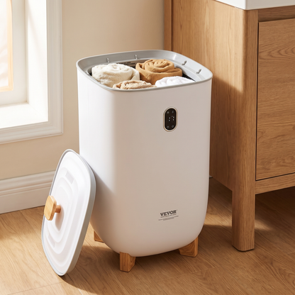 35L towel warmer bucket open with rolled towels inside and the lid leaning against it