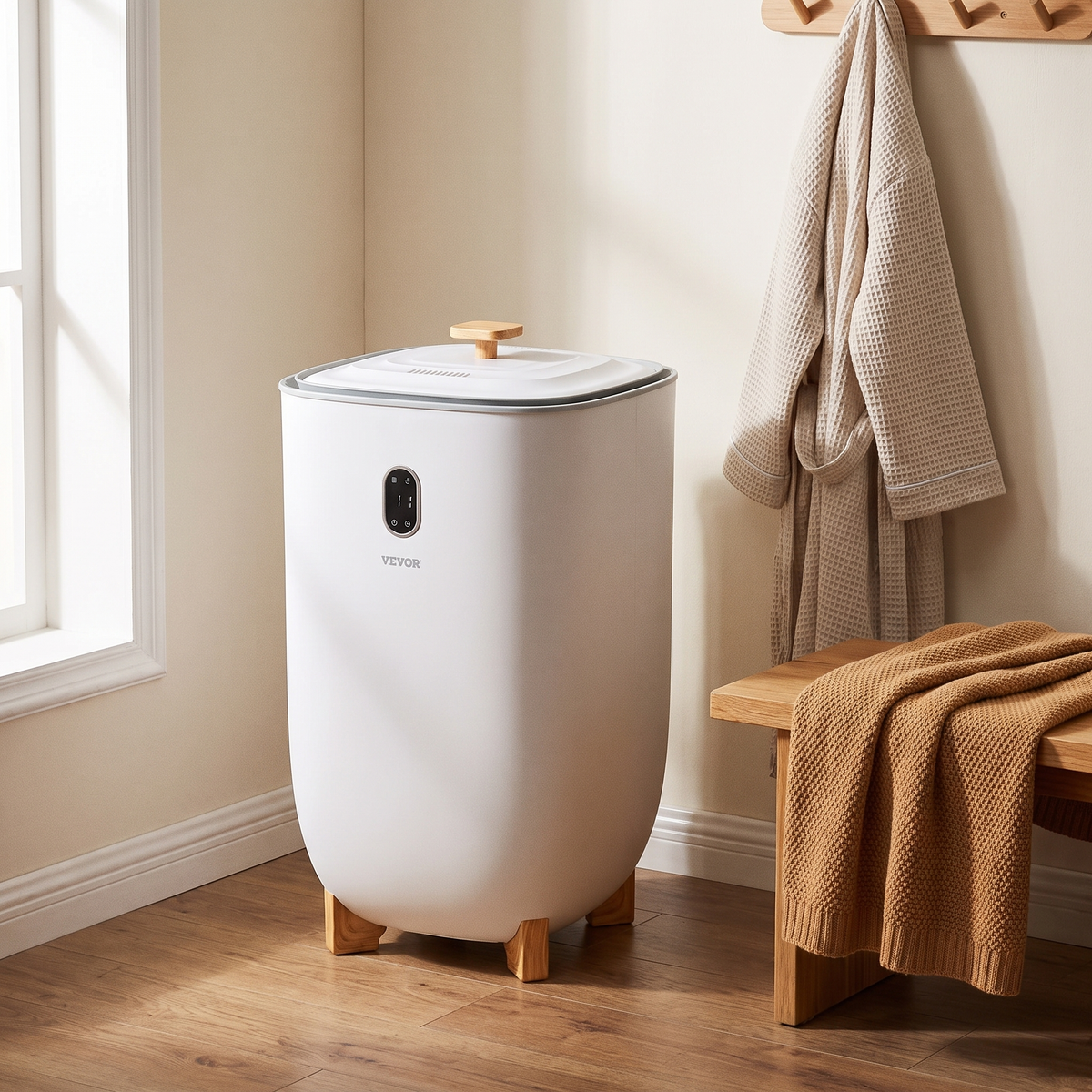 35L towel warmer bucket beside a wooden bench in a bedroom corner